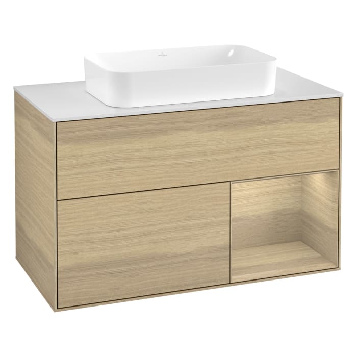 Villeroy & Boch Finion Waschtischunterschrank 100 cm mit Regalelement rechts und Abdeckplatte, mit Wandbeleuchtung