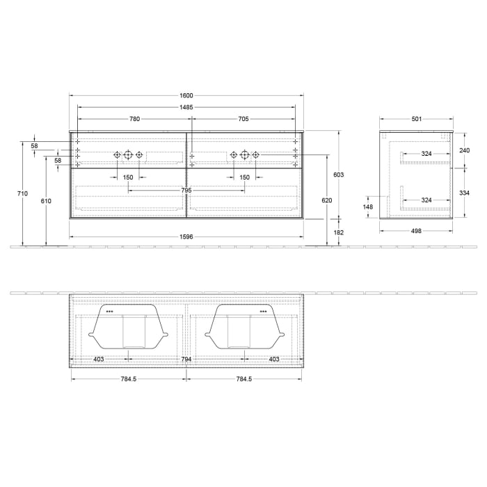 Villeroy & Boch Finion Waschtischunterschrank 160 cm mit Abdeckplatte, für 2 Aufsatzwaschtische