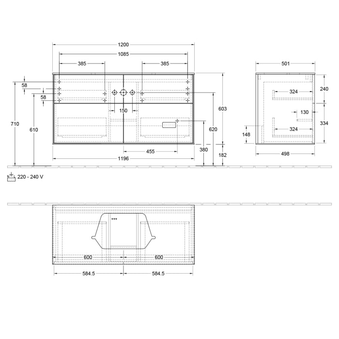 Villeroy & Boch Finion Waschtischunterschrank 120 cm mit Abdeckplatte und LED Wandbeleuchtung