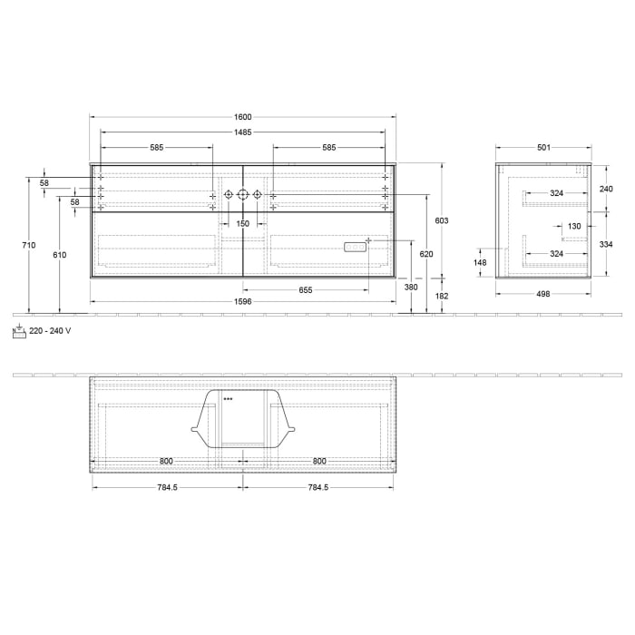 Villeroy & Boch Finion Waschtischunterschrank 160 cm mit Abdeckplatte und LED Wandbeleuchtung