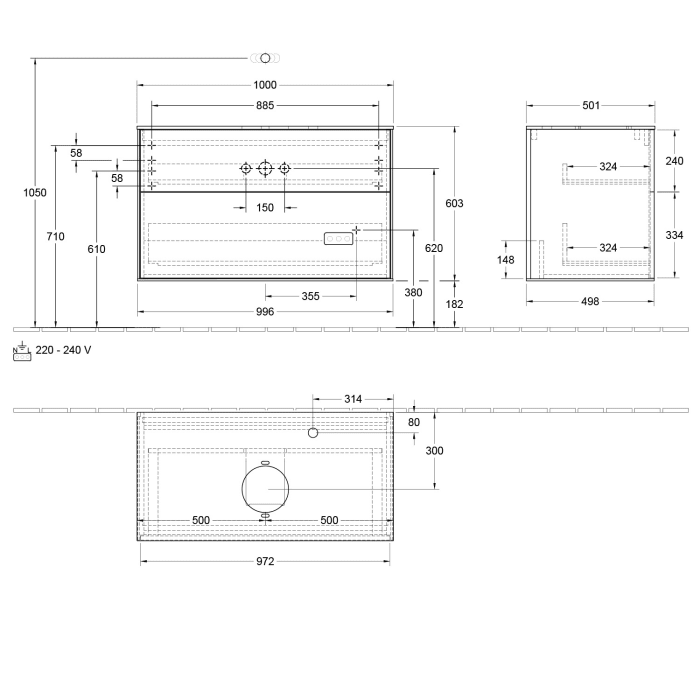 Villeroy & Boch Finion Waschtischunterschrank 100 cm mit Abdeckplatte und LED Wandbeleuchtung