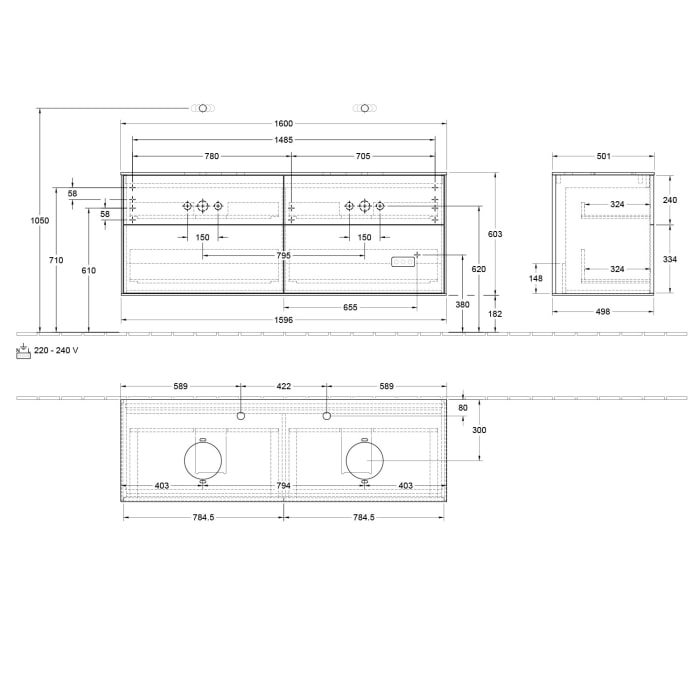 Villeroy & Boch Finion Waschtischunterschrank 160 cm mit Abdeckplatte und LED Wandbeleuchtung
