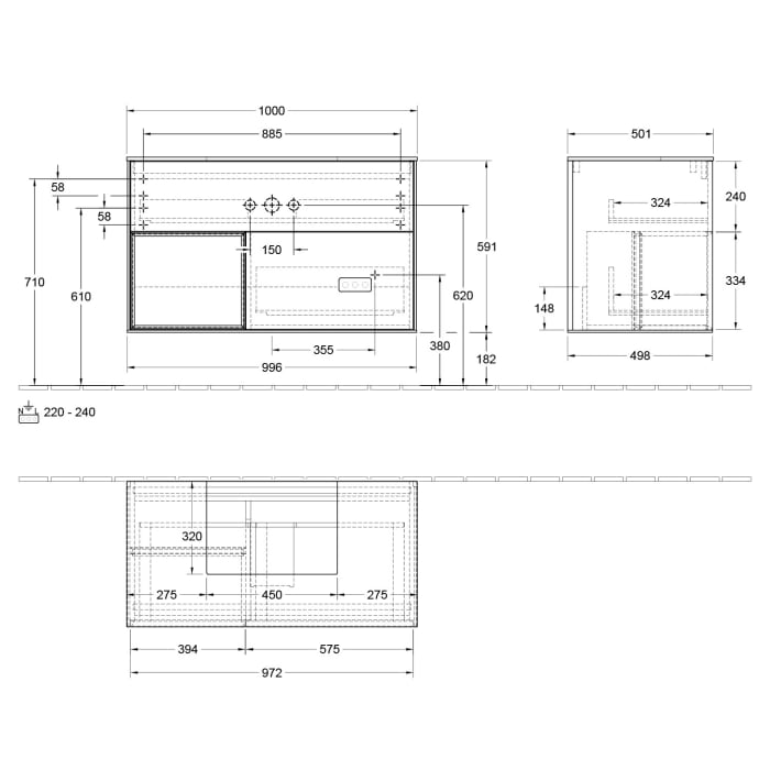 Villeroy & Boch Finion Waschtischunterschrank 100 cm mit Regalelement links, Abdeckplatte, Wandbeleuchtung