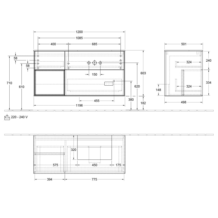 Villeroy & Boch Finion Waschtischunterschrank 120 cm mit Regalelement links, Abdeckplatte, Wandbeleuchtung