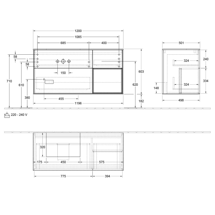 Villeroy & Boch Finion Waschtischunterschrank 120 cm mit Regalelement rechts, Abdeckplatte, Wandbeleuchtung