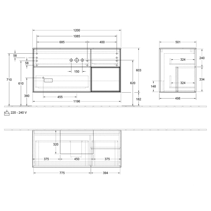 Villeroy & Boch Finion Waschtischunterschrank 120 cm mit Regalelement rechts, Abdeckplatte, Wandbeleuchtung