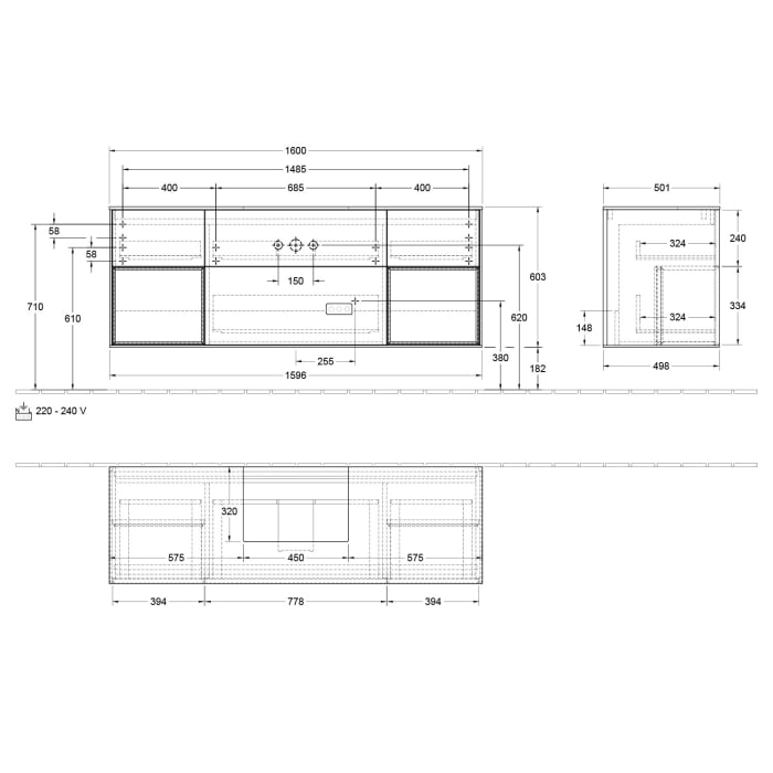 Villeroy & Boch Finion Waschtischunterschrank 160 cm mit 2 Regalelementen, Abdeckplatte, Wandbeleuchtung
