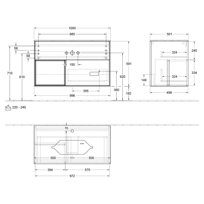 Villeroy & Boch Finion Waschtischunterschrank 100 cm mit Regalelement links, Abdeckplatte, Wandbeleuchtung