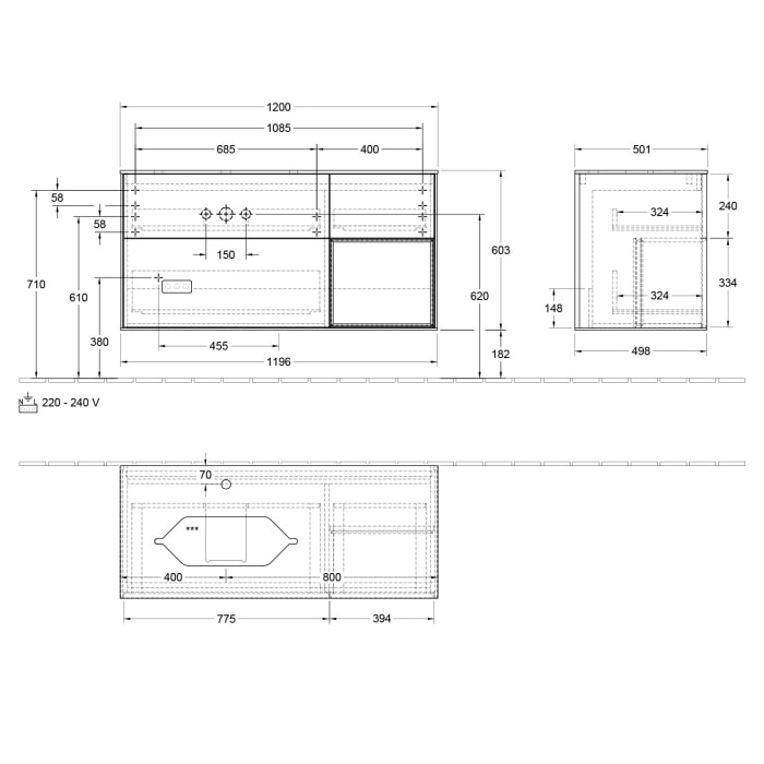 Villeroy & Boch Finion Waschtischunterschrank 120 cm mit Regalelement rechts, Abdeckplatte, Wandbeleuchtung
