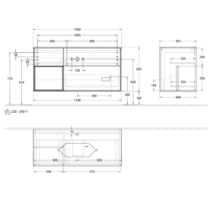 Villeroy & Boch Finion Waschtischunterschrank 120 cm mit Regalelement links, Abdeckplatte, Wandbeleuchtung