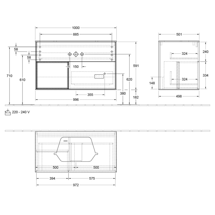 Villeroy & Boch Finion Waschtischunterschrank 100 cm mit Regalelement links, Abdeckplatte, Wandbeleuchtung