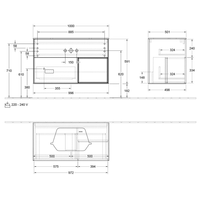 Villeroy & Boch Finion Waschtischunterschrank 100 cm mit Regalelement rechts, Abdeckplatte, Wandbeleuchtung