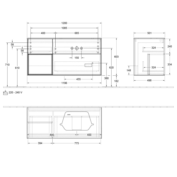 Villeroy & Boch Finion Waschtischunterschrank 120 cm mit Regalelement links, Abdeckplatte, Wandbeleuchtung