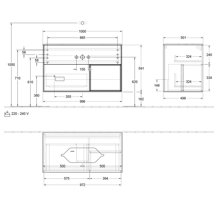 Villeroy & Boch Finion Waschtischunterschrank 100 cm mit Regalelement rechts, Abdeckplatte, Wandbeleuchtung