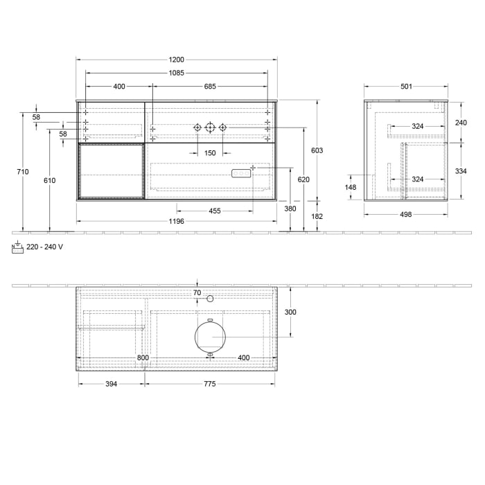 Villeroy & Boch Finion Waschtischunterschrank 120 cm mit Regalelement links, Abdeckplatte, Wandbeleuchtung