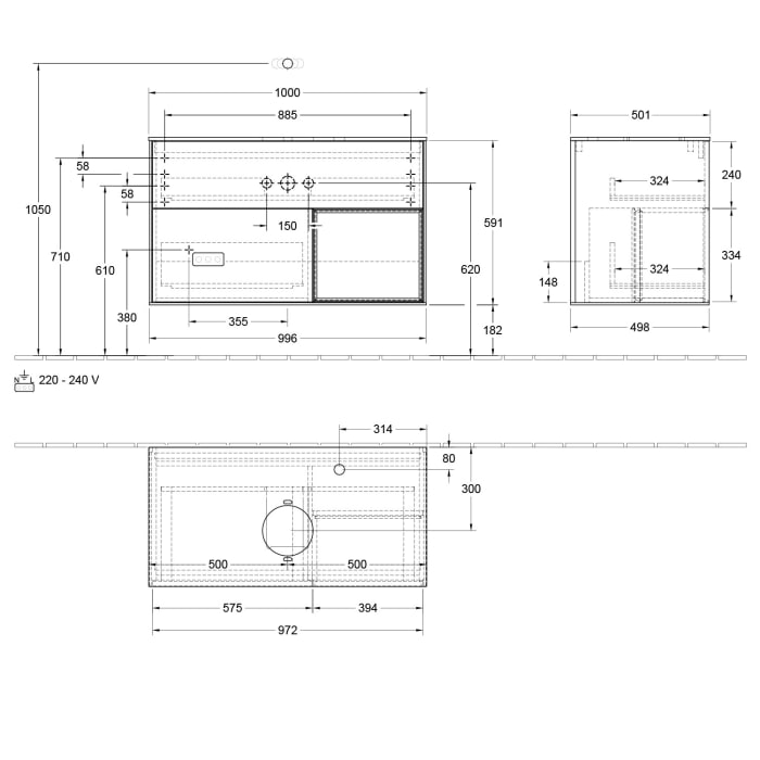 Villeroy & Boch Finion Waschtischunterschrank 100 cm mit Regalelement rechts, Abdeckplatte, Wandbeleuchtung