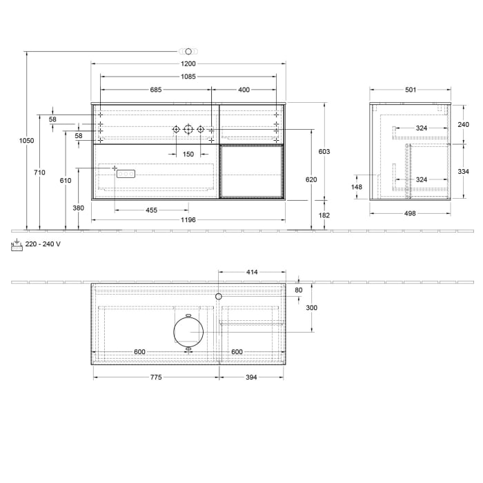 Villeroy & Boch Finion Waschtischunterschrank 120 cm mit Regalelement rechts, Abdeckplatte, Wandbeleuchtung