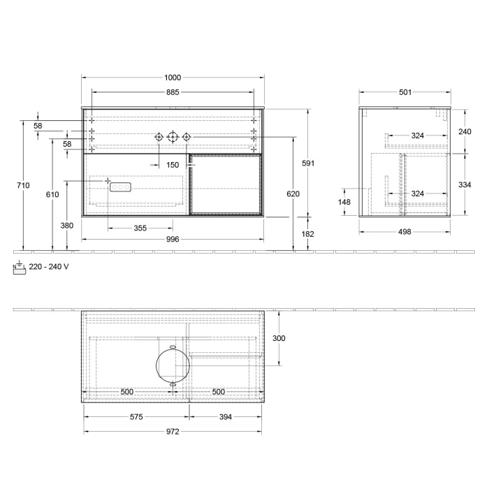 Villeroy & Boch Finion Waschtischunterschrank 100 cm mit Regalelement rechts, Abdeckplatte, Wandbeleuchtung