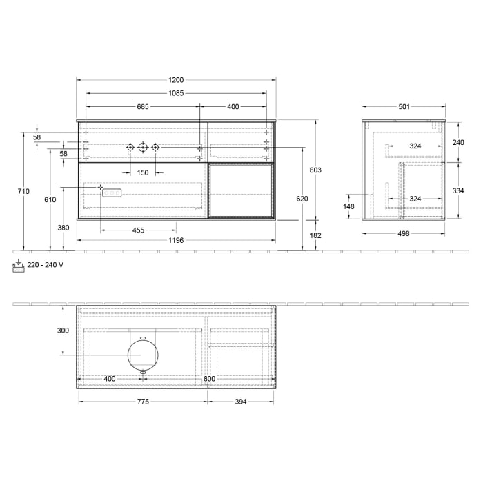 Villeroy & Boch Finion Waschtischunterschrank 120 cm mit Regalelement rechts, Abdeckplatte, Wandbeleuchtung
