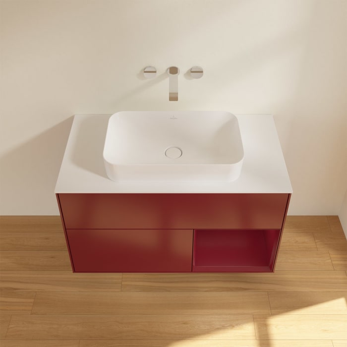Villeroy & Boch Finion Waschtischunterschrank 100 cm mit Regalelement rechts und Abdeckplatte, mit Wandbeleuchtung