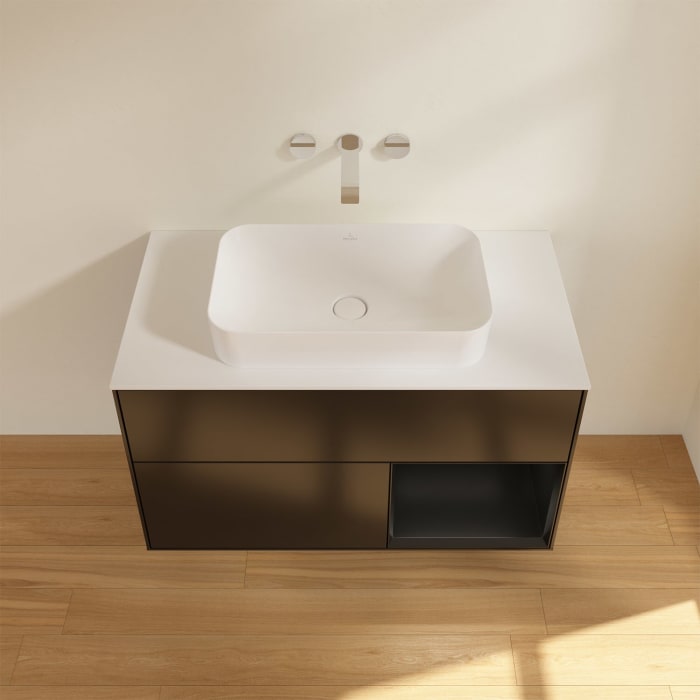 Villeroy & Boch Finion Waschtischunterschrank 100 cm mit Regalelement rechts und Abdeckplatte, mit Wandbeleuchtung