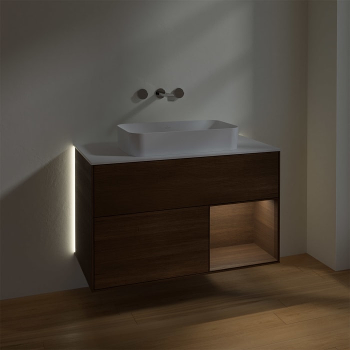 Villeroy & Boch Finion Waschtischunterschrank 100 cm mit Regalelement rechts und Abdeckplatte, mit Wandbeleuchtung