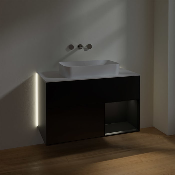 Villeroy & Boch Finion Waschtischunterschrank 100 cm mit Regalelement rechts und Abdeckplatte, mit Wandbeleuchtung