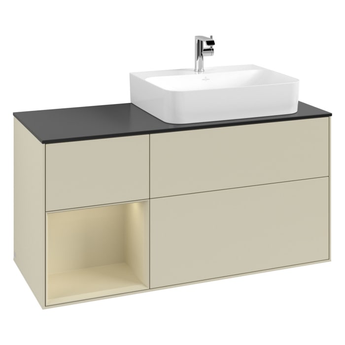 Villeroy & Boch Finion Waschtischunterschrank 120 cm mit Regalelement links, Abdeckplatte, Wandbeleuchtung