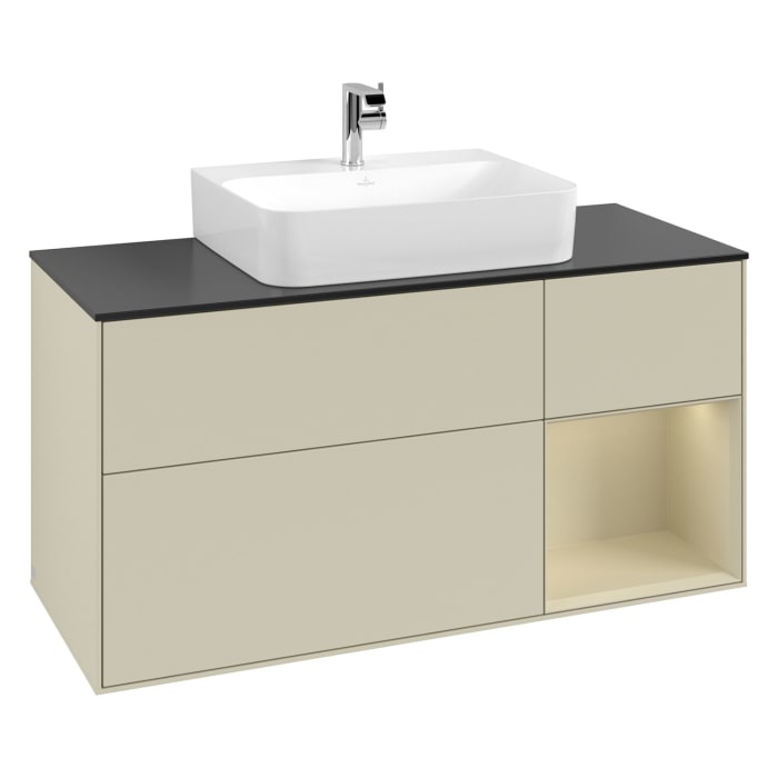 Villeroy & Boch Finion Waschtischunterschrank 120 cm mit Regalelement rechts, Abdeckplatte, Wandbeleuchtung