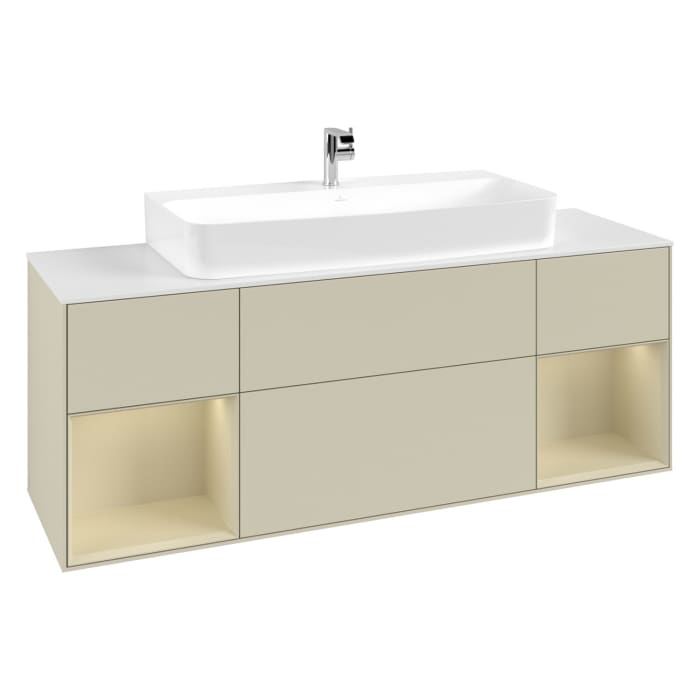 Villeroy & Boch Finion Waschtischunterschrank 160 cm mit 2 Regalelementen, Abdeckplatte, Wandbeleuchtung