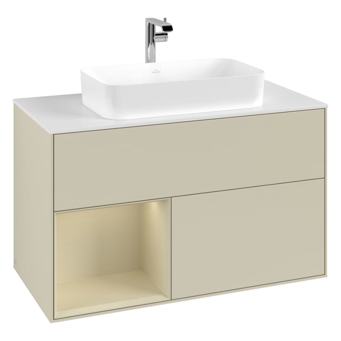 Villeroy & Boch Finion Waschtischunterschrank 100 cm mit Regalelement links, Abdeckplatte, Wandbeleuchtung
