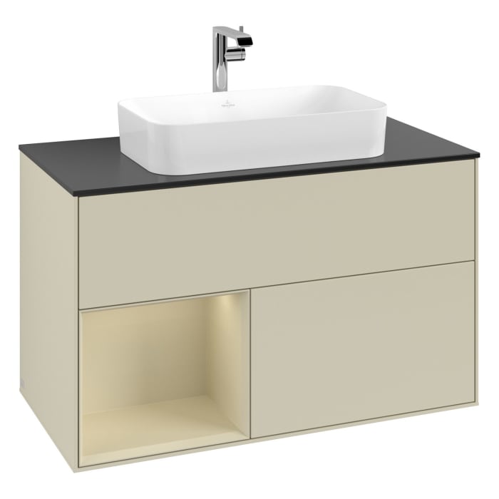 Villeroy & Boch Finion Waschtischunterschrank 100 cm mit Regalelement links, Abdeckplatte, Wandbeleuchtung
