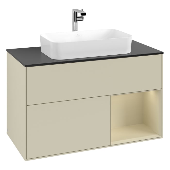 Villeroy & Boch Finion Waschtischunterschrank 100 cm mit Regalelement rechts, Abdeckplatte, Wandbeleuchtung