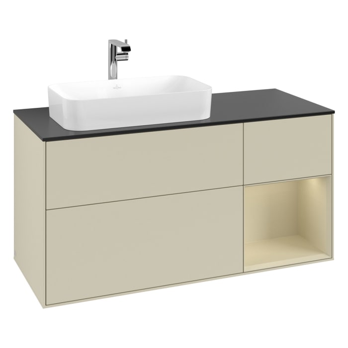 Villeroy & Boch Finion Waschtischunterschrank 120 cm mit Regalelement rechts, Abdeckplatte, Wandbeleuchtung