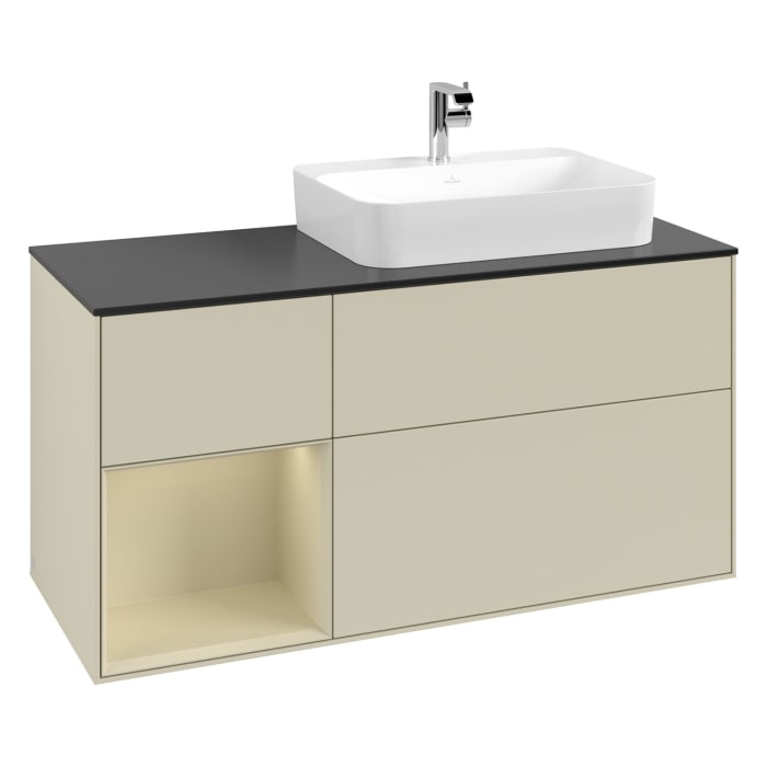 Villeroy & Boch Finion Waschtischunterschrank 120 cm mit Regalelement links, Abdeckplatte, Wandbeleuchtung