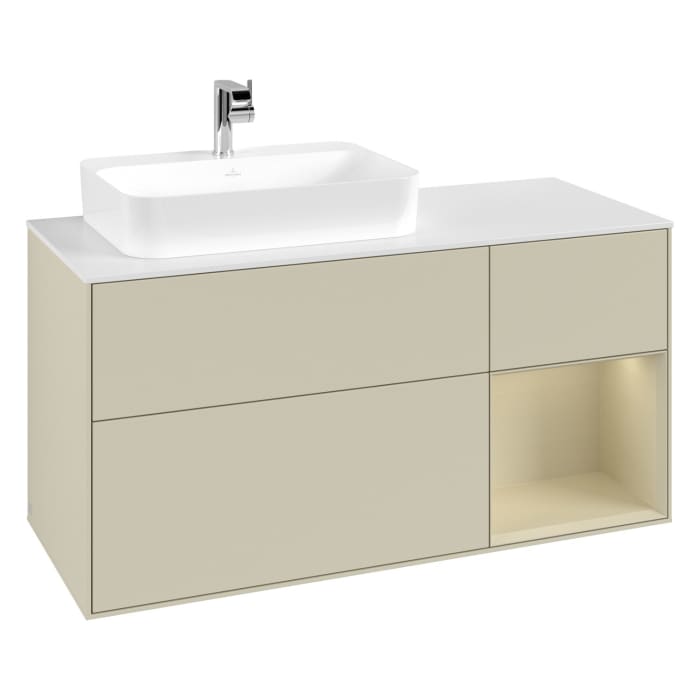 Villeroy & Boch Finion Waschtischunterschrank 120 cm mit Regalelement rechts, Abdeckplatte, Wandbeleuchtung