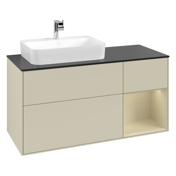 Villeroy & Boch Finion Waschtischunterschrank 120 cm mit Regalelement rechts, Abdeckplatte, Wandbeleuchtung