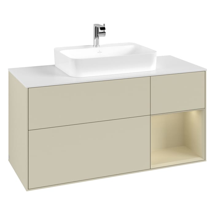 Villeroy & Boch Finion Waschtischunterschrank 120 cm mit Regalelement rechts, Abdeckplatte, Wandbeleuchtung