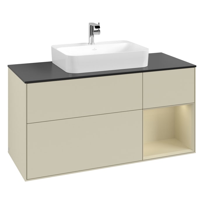 Villeroy & Boch Finion Waschtischunterschrank 120 cm mit Regalelement rechts, Abdeckplatte, Wandbeleuchtung