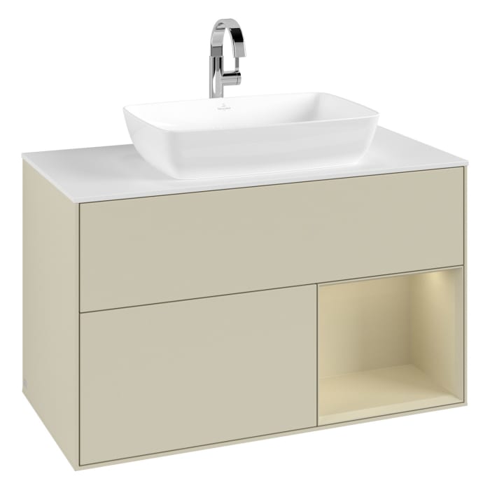 Villeroy & Boch Finion Waschtischunterschrank 100 cm mit Regalelement rechts, Abdeckplatte, Wandbeleuchtung