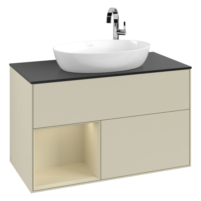 Villeroy & Boch Finion Waschtischunterschrank 100 cm mit Regalelement links, Abdeckplatte, Wandbeleuchtung