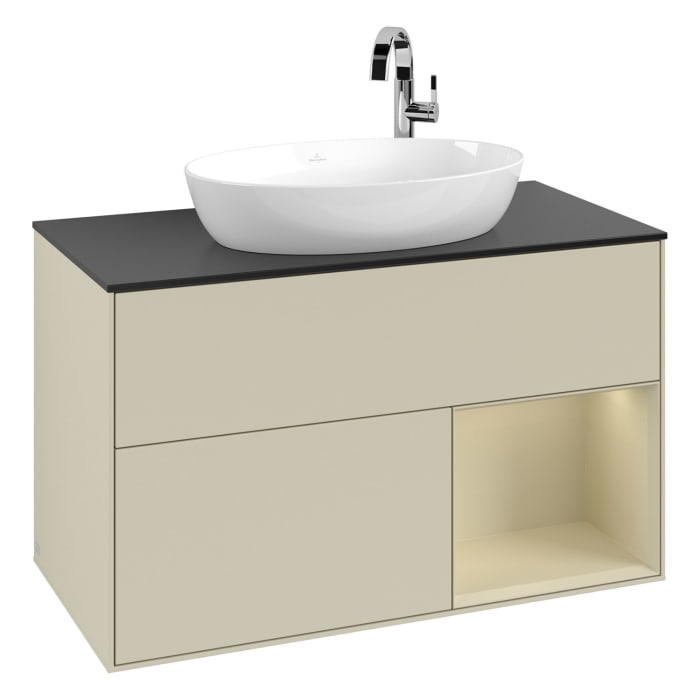 Villeroy & Boch Finion Waschtischunterschrank 100 cm mit Regalelement rechts, Abdeckplatte, Wandbeleuchtung