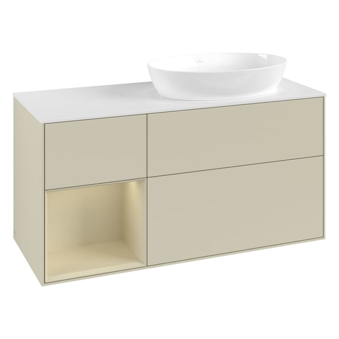 Villeroy & Boch Finion Waschtischunterschrank 120 cm mit Regalelement links, Abdeckplatte, Wandbeleuchtung