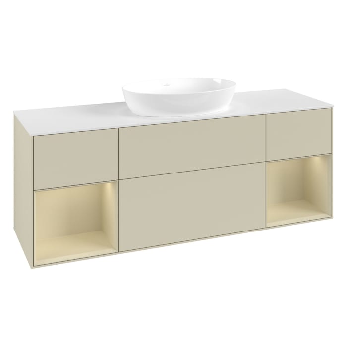 Villeroy & Boch Finion Waschtischunterschrank 160 cm mit 2 Regalelementen, Abdeckplatte, Wandbeleuchtung