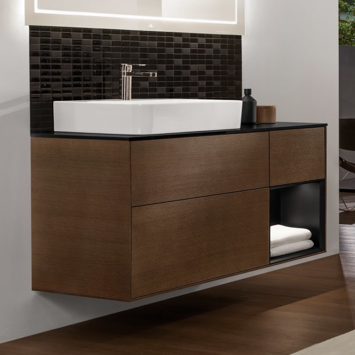 Villeroy & Boch Finion Waschtischunterschrank 120 cm mit Regalelement rechts, Abdeckplatte, Wandbeleuchtung