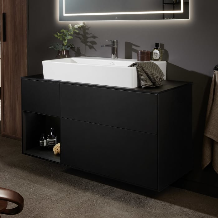 Villeroy & Boch Finion Waschtischunterschrank 120 cm mit Regalelement links, Abdeckplatte, Wandbeleuchtung