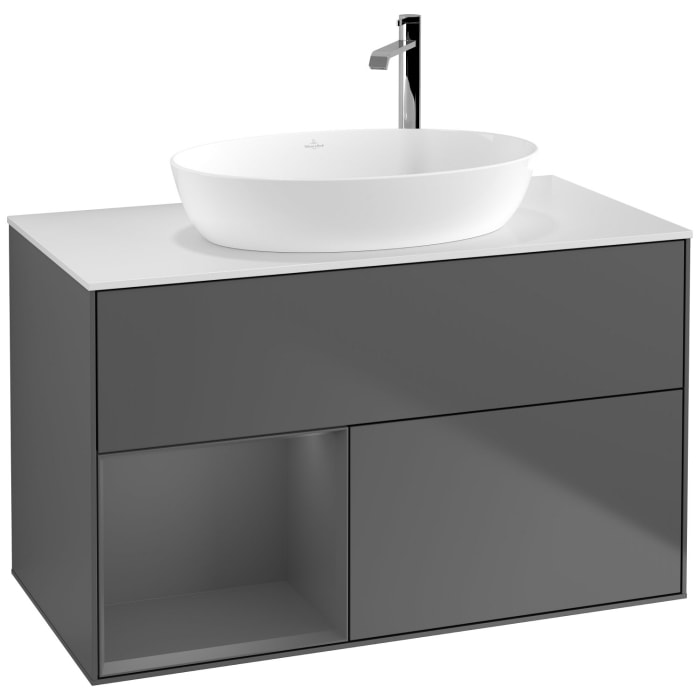 Villeroy & Boch Finion Waschtischunterschrank 100 cm mit Regalelement links, Abdeckplatte, Wandbeleuchtung