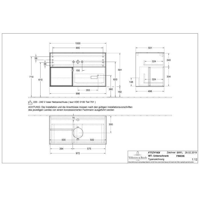 Villeroy & Boch Finion Waschtischunterschrank 100 cm mit Regalelement links, Abdeckplatte