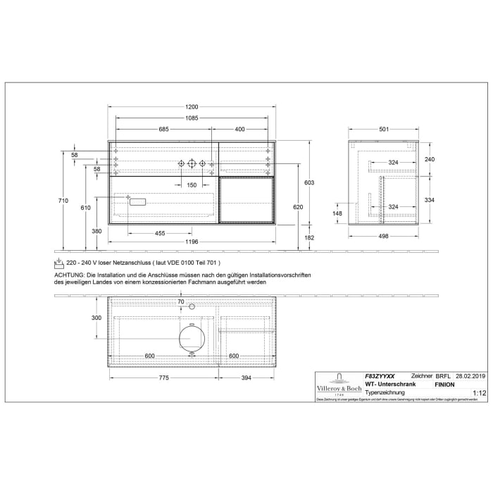 Villeroy & Boch Finion Waschtischunterschrank 120 cm mit Regalelement rechts, Abdeckplatte