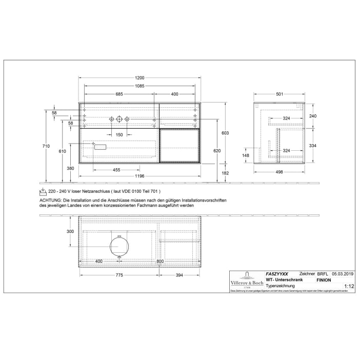 Villeroy & Boch Finion Waschtischunterschrank 120 cm mit Regalelement rechts, Abdeckplatte